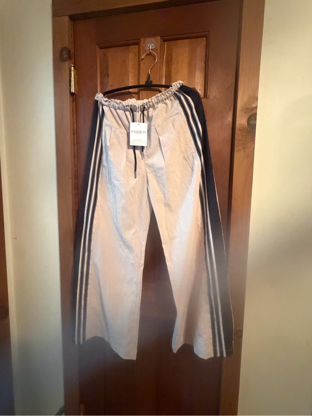 Wide Leg Pants with Side Stripes - Beige & Black